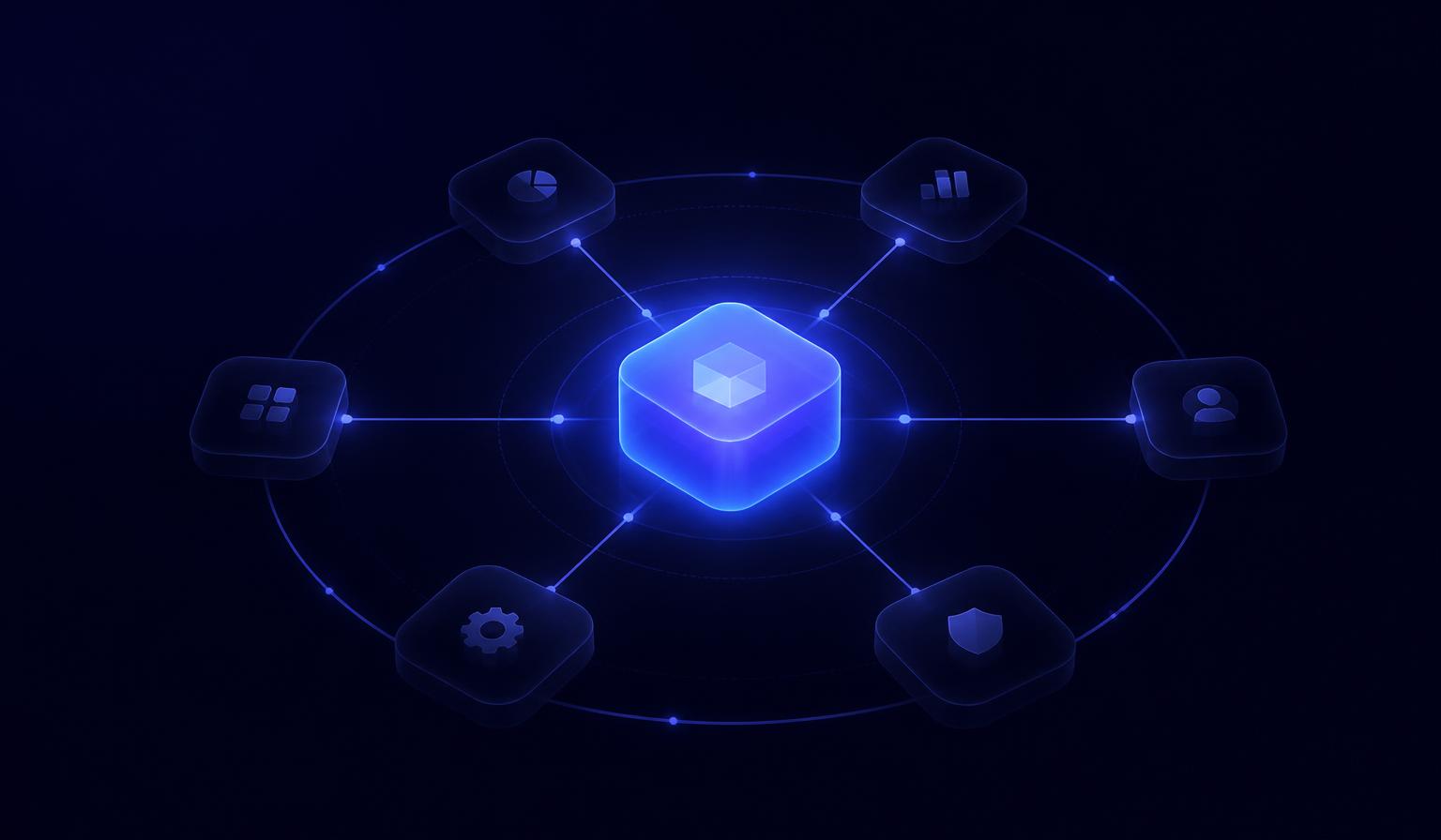 Glowing core product module surrounded by dimmed optional feature blocks representing minimum viable product scope