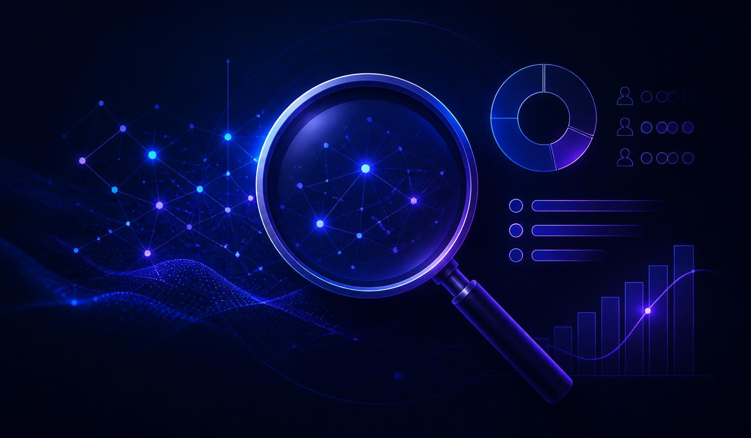 Magnifying glass over glowing data nodes and charts representing market validation research for a new business idea