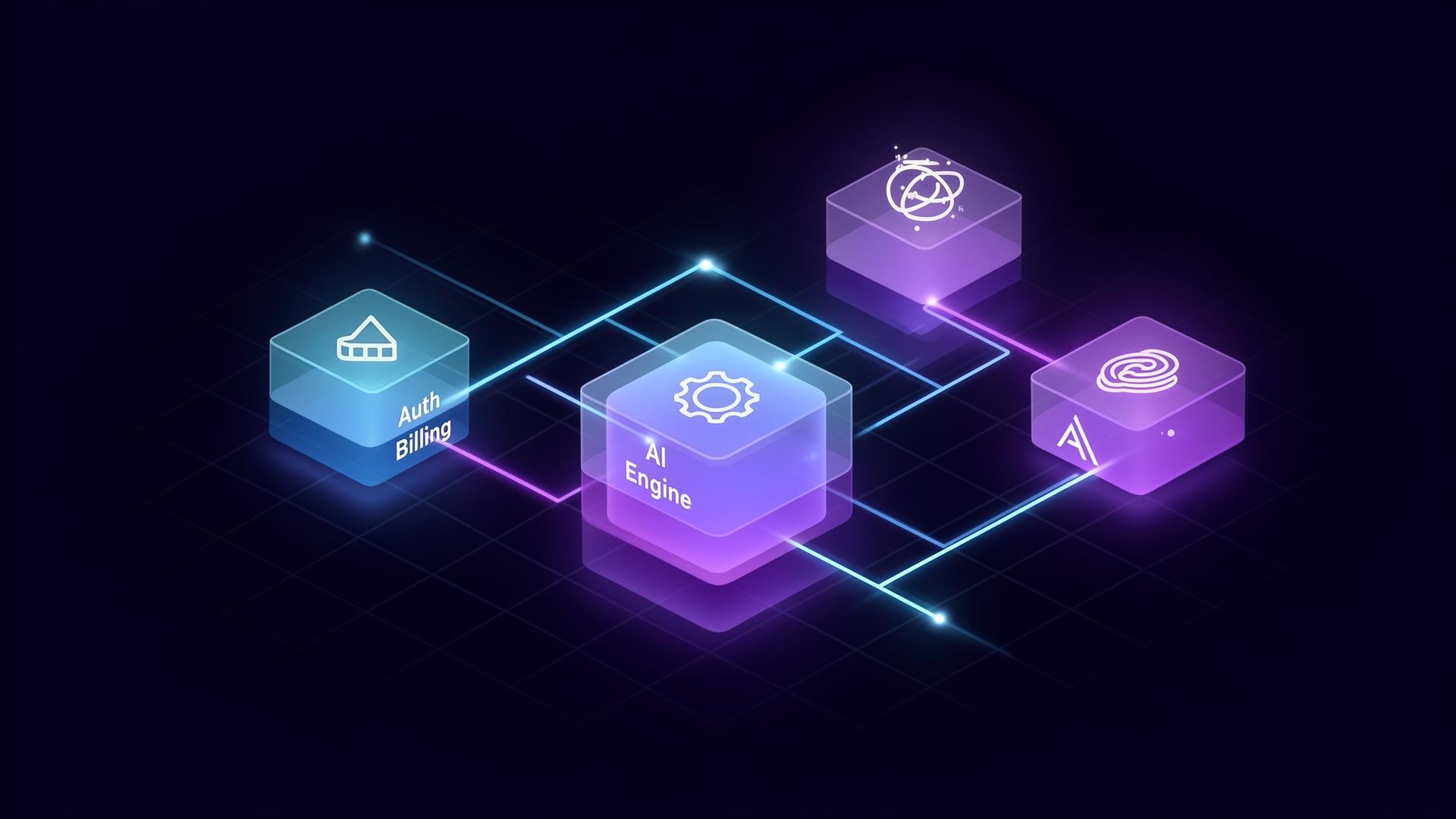Abstract isometric diagram of SaaS architecture showing auth, billing, AI engine and database blocks connected by glowing lines
