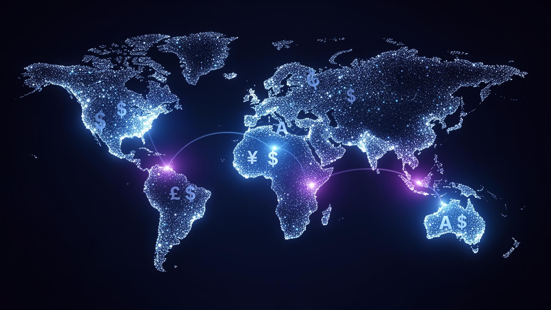 Stylized world map highlighting USA, UK and Australia connected by glowing light pulses with floating currency symbols