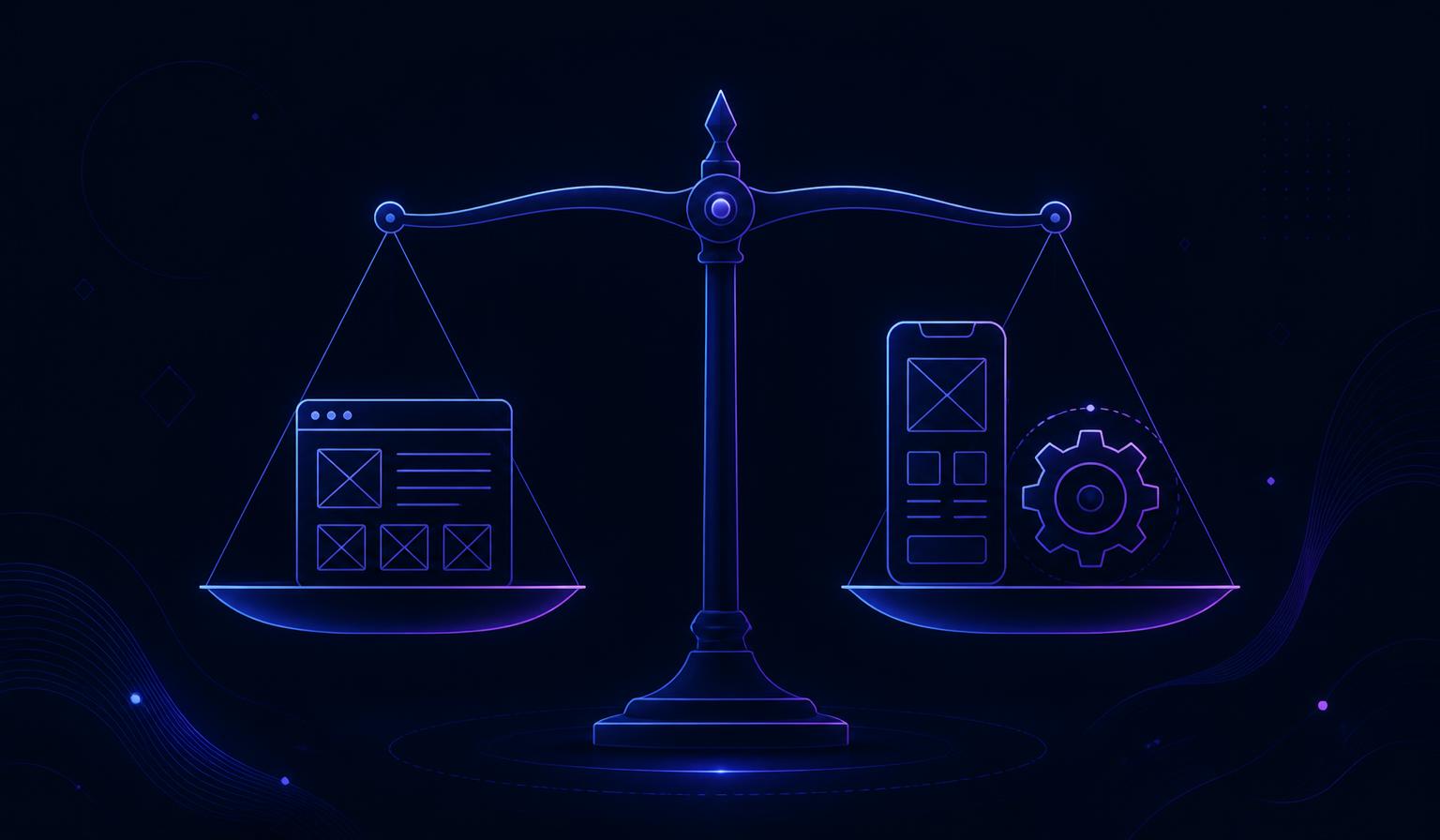 Balance scale weighing a website wireframe against a mobile app wireframe and an automation gear